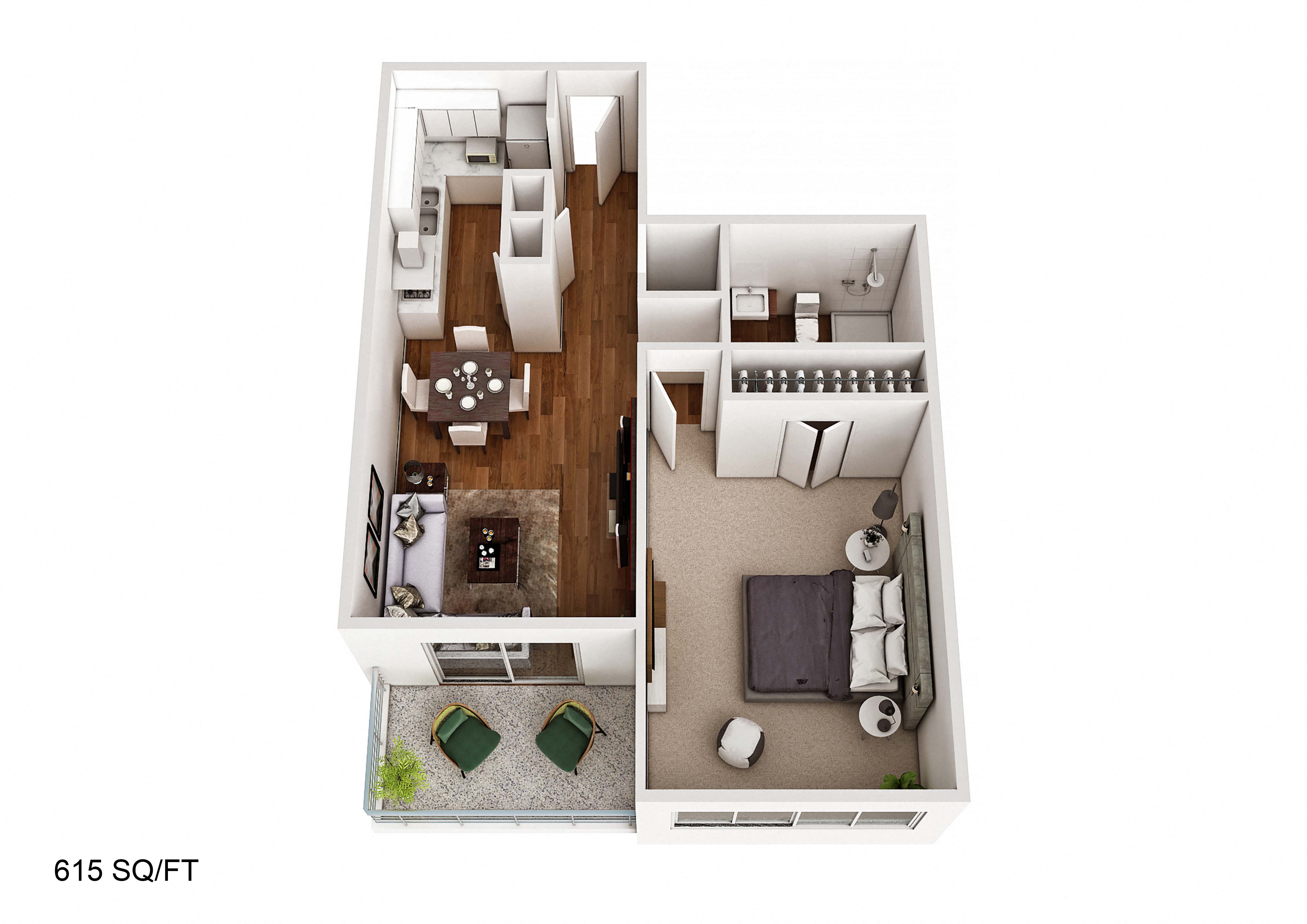 Floor plan for 1 bed, 1 bath, 615 sqft